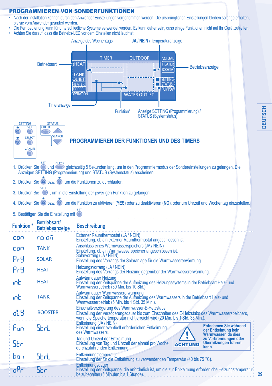 Deutsch, Programmieren von sonderfunktionen, Programmieren der funktionen und des timers | Panasonic WHMDF09C3E8 User Manual | Page 29 / 76