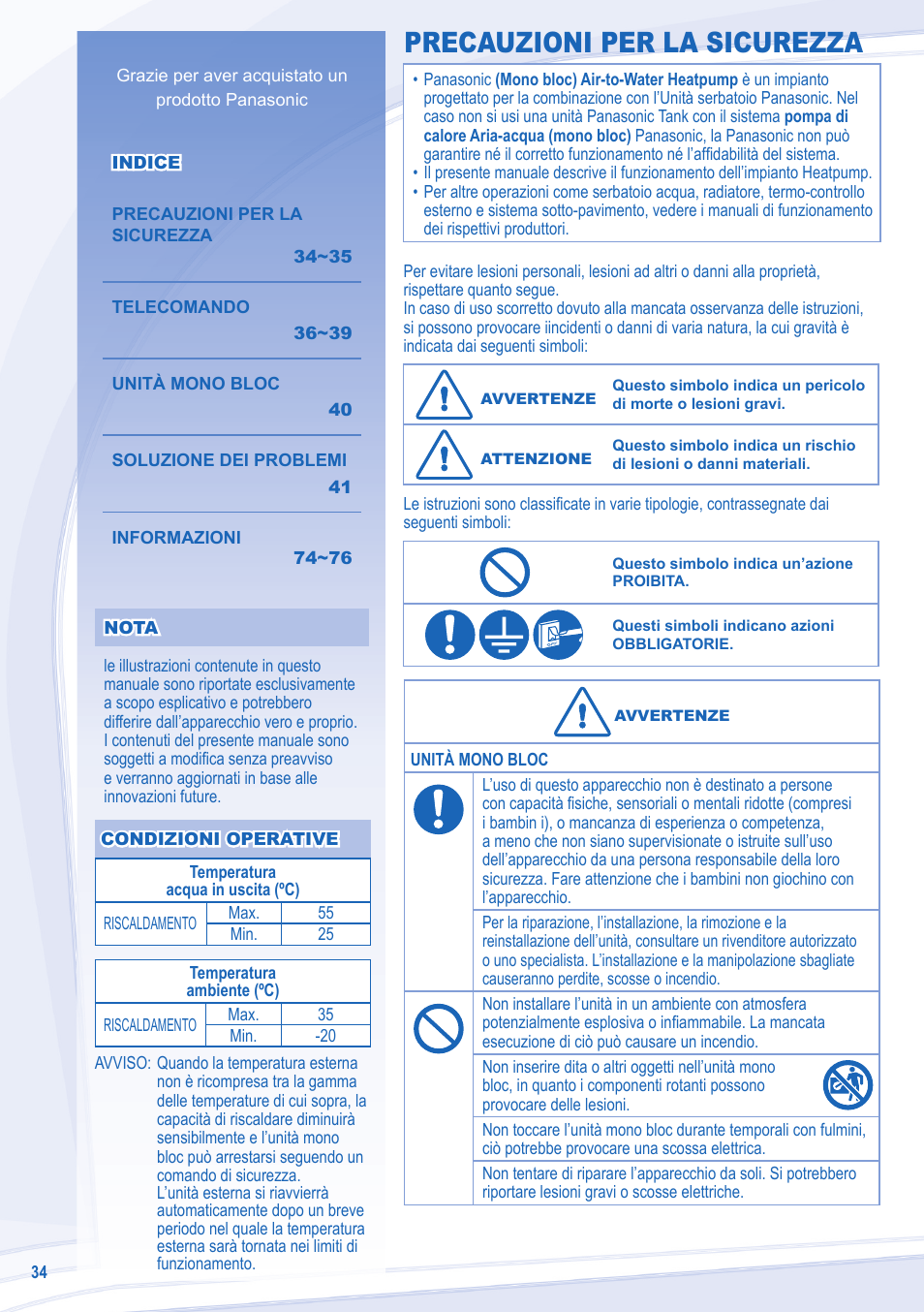 Precauzioni per la sicurezza | Panasonic WHMDF09C3E8 User Manual | Page 34 / 76