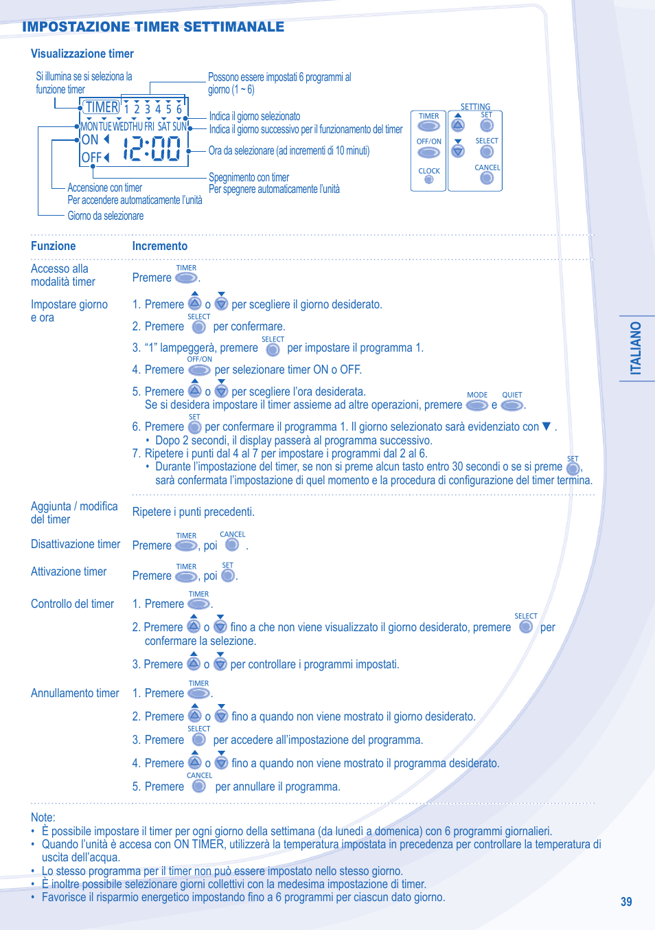 It aliano, Impostazione timer settimanale | Panasonic WHMDF09C3E8 User Manual | Page 39 / 76