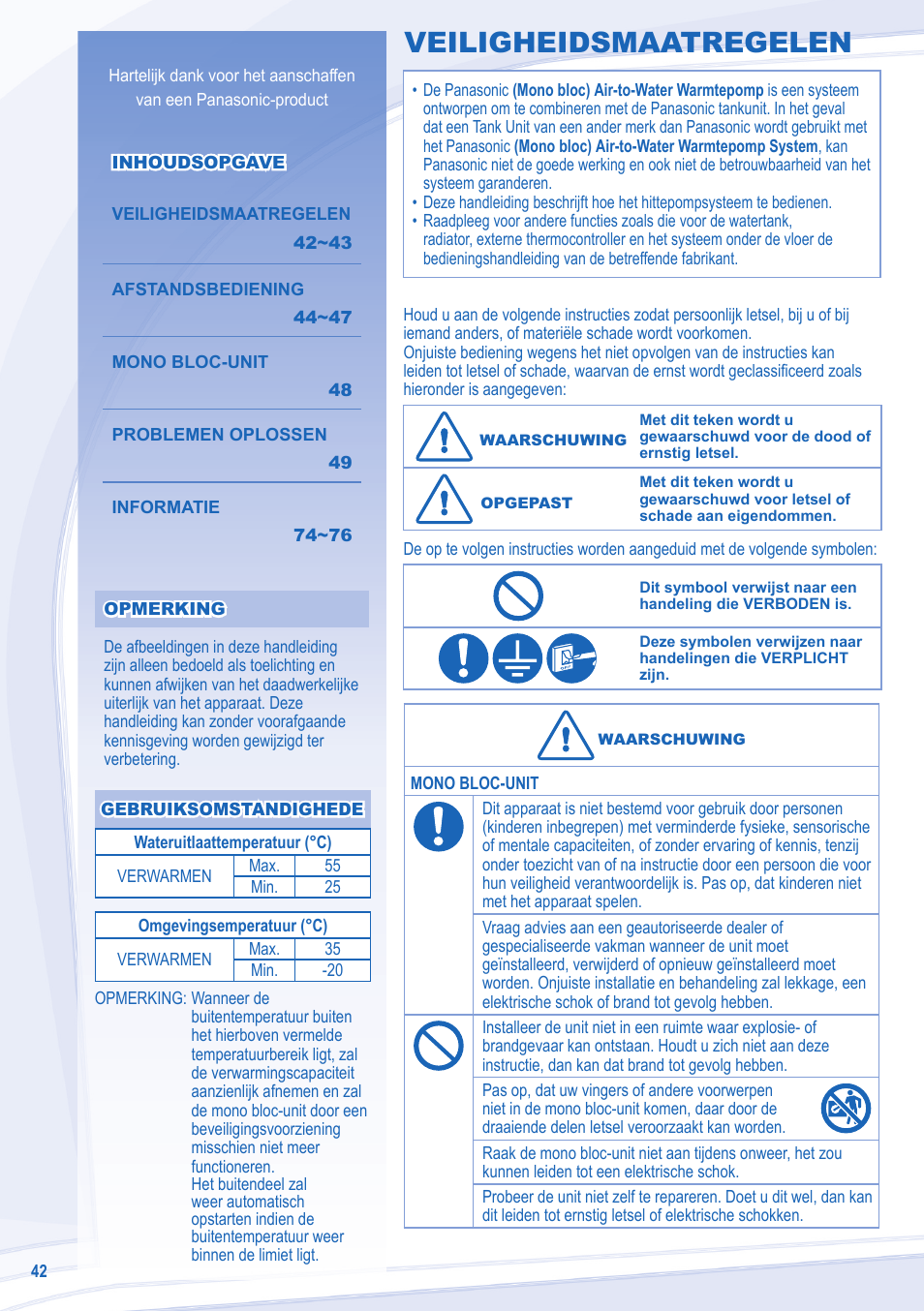 Veiligheidsmaatregelen | Panasonic WHMDF09C3E8 User Manual | Page 42 / 76