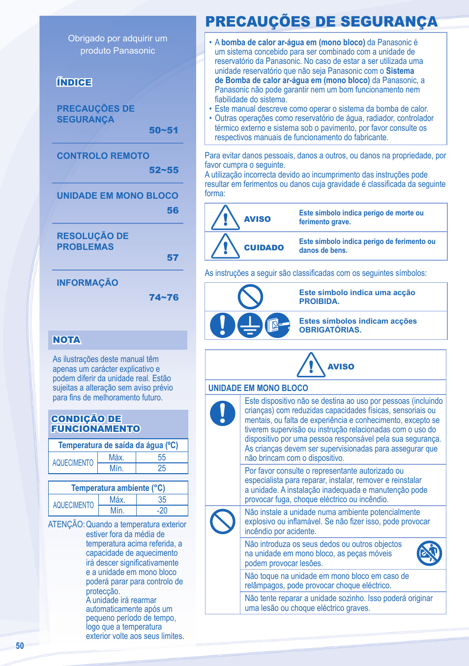 Precauções de segurança | Panasonic WHMDF09C3E8 User Manual | Page 50 / 76