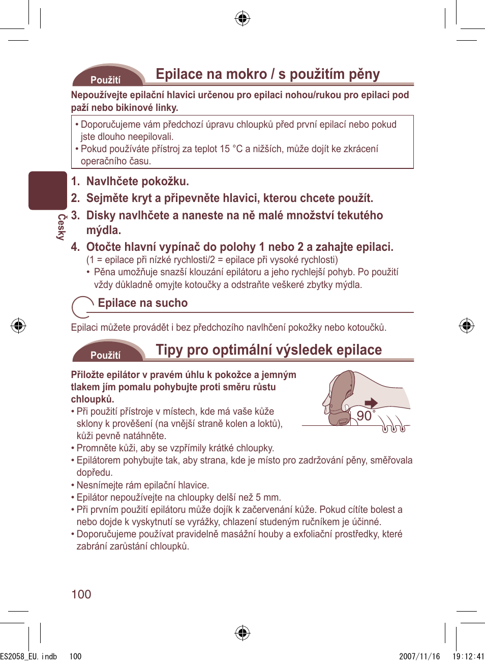 Epilace na mokro / s použitím pěny, Tipy pro optimální výsledek epilace | Panasonic ES2056 User Manual | Page 100 / 168