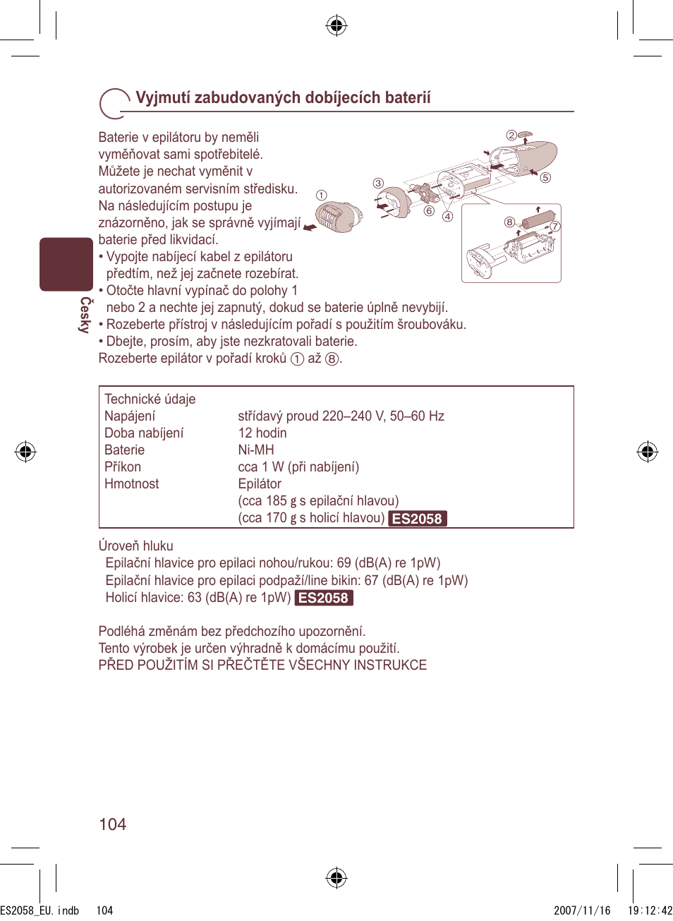 Vyjmutí zabudovaných dobíjecích baterií | Panasonic ES2056 User Manual | Page 104 / 168