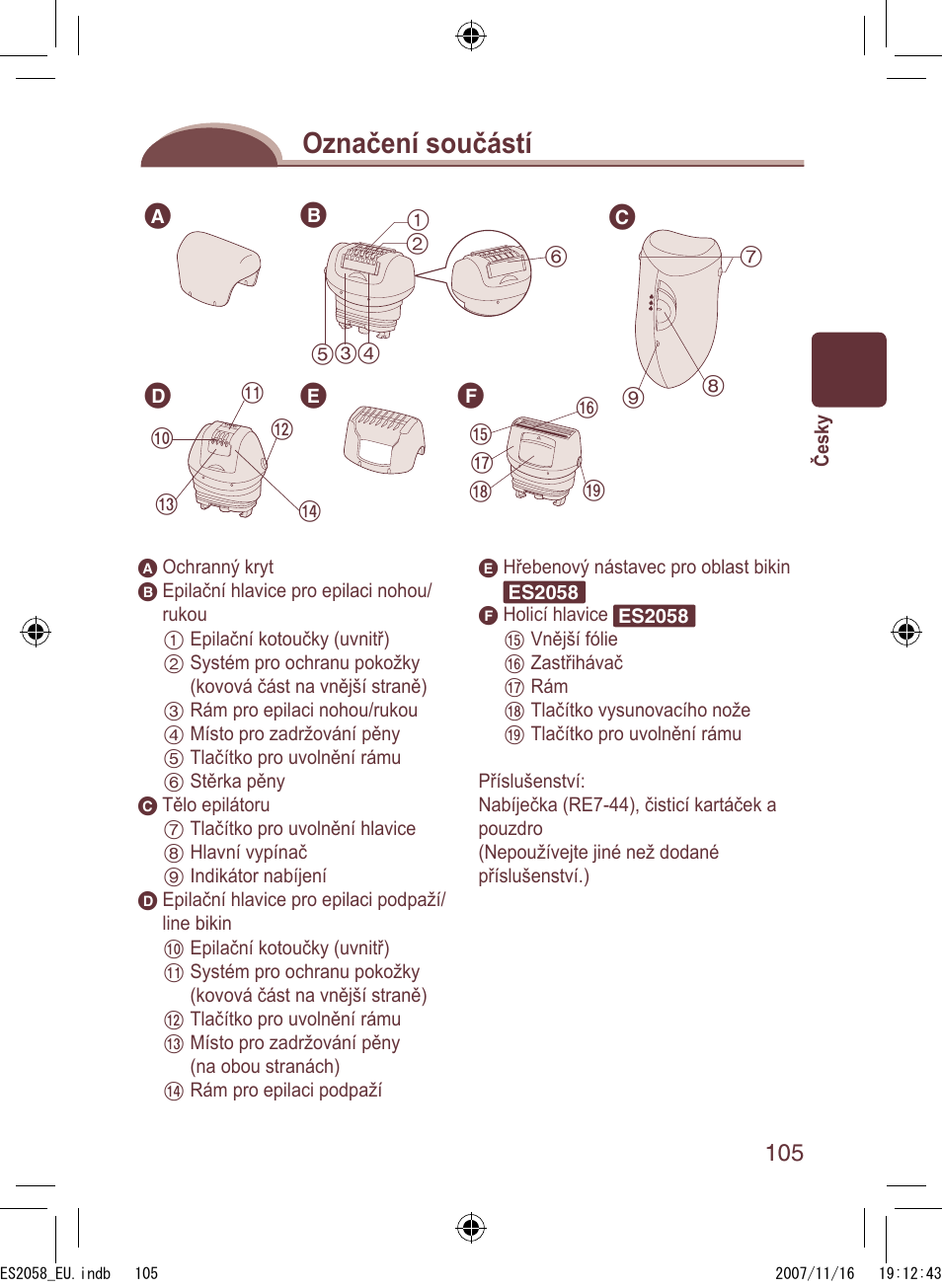 Označení součástí | Panasonic ES2056 User Manual | Page 105 / 168