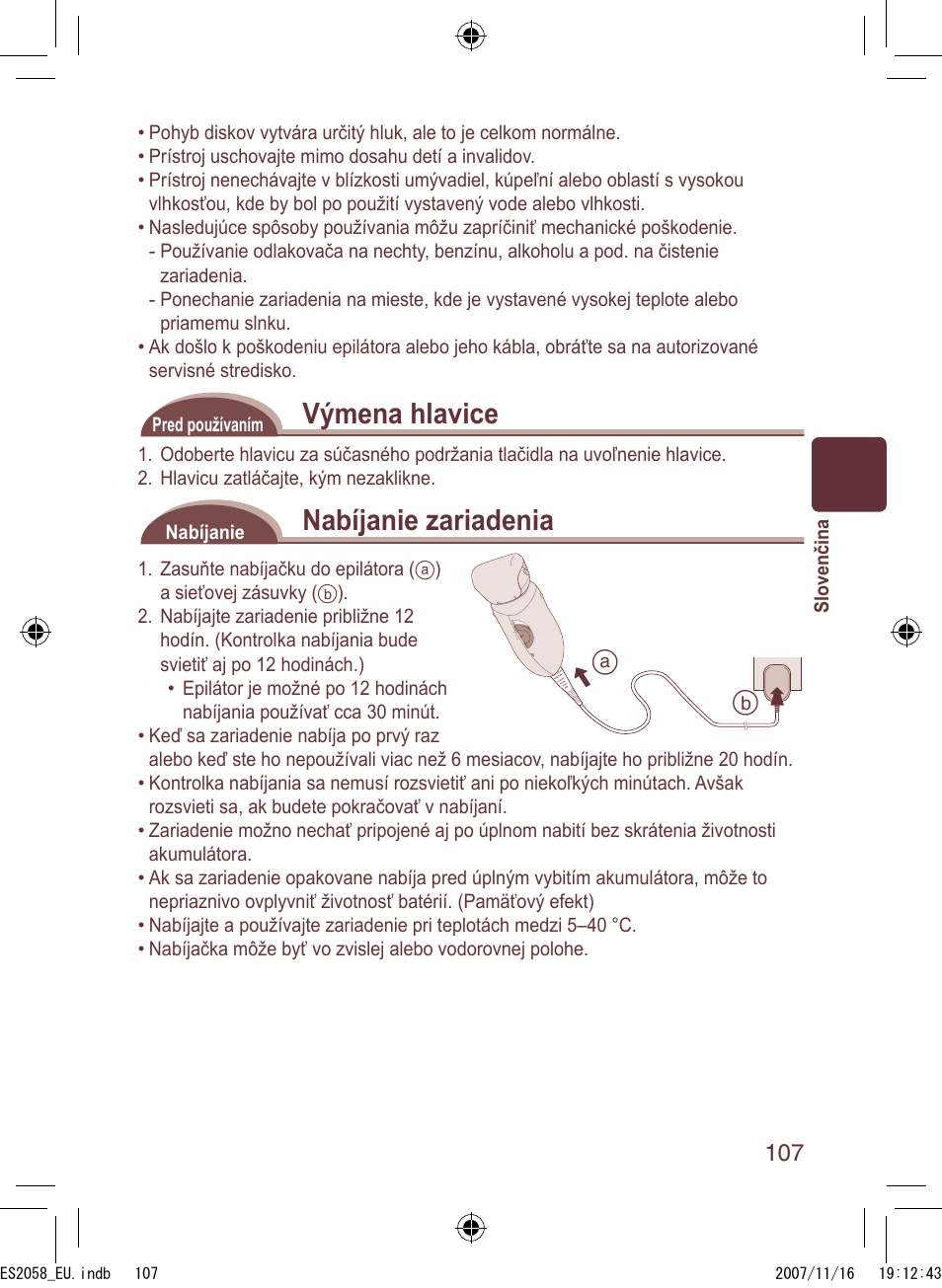 Výmena hlavice, Nabíjanie zariadenia | Panasonic ES2056 User Manual | Page 107 / 168