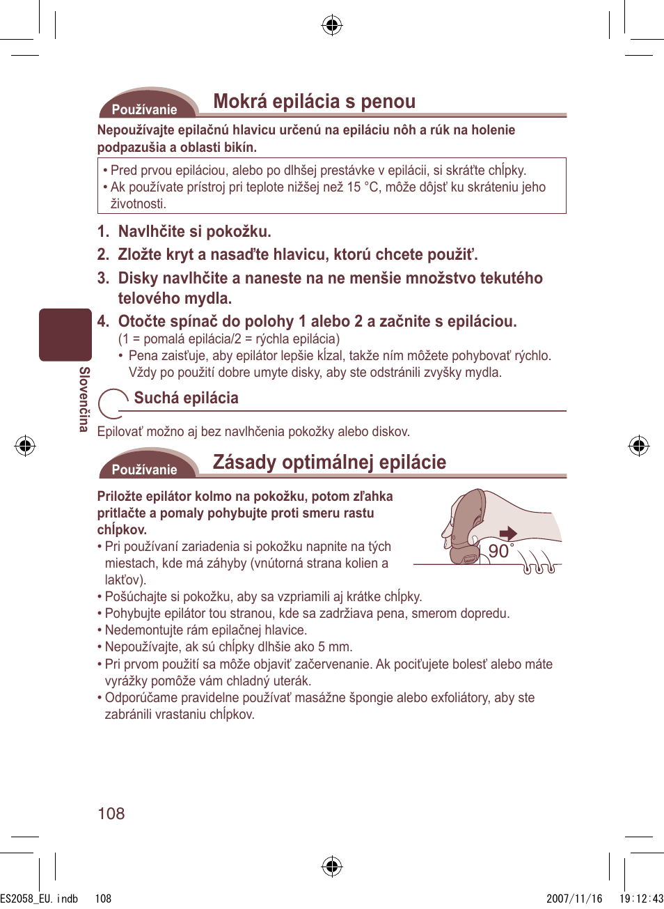 Mokrá epilácia s penou, Zásady optimálnej epilácie | Panasonic ES2056 User Manual | Page 108 / 168