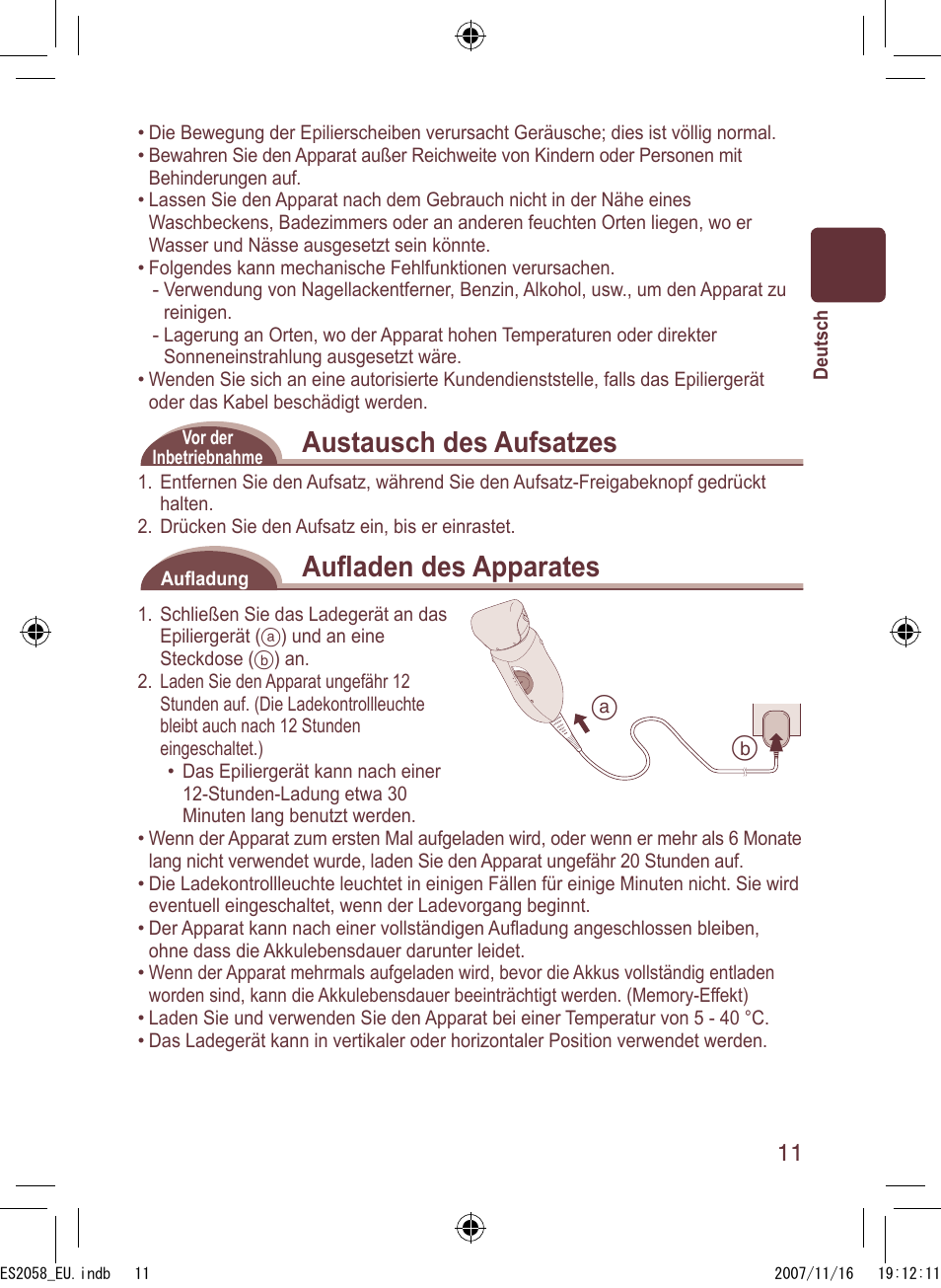 Austausch des aufsatzes, Auﬂ aden des apparates | Panasonic ES2056 User Manual | Page 11 / 168