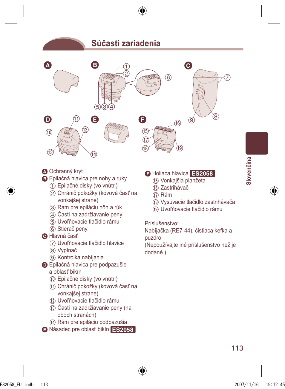 Súčasti zariadenia | Panasonic ES2056 User Manual | Page 113 / 168