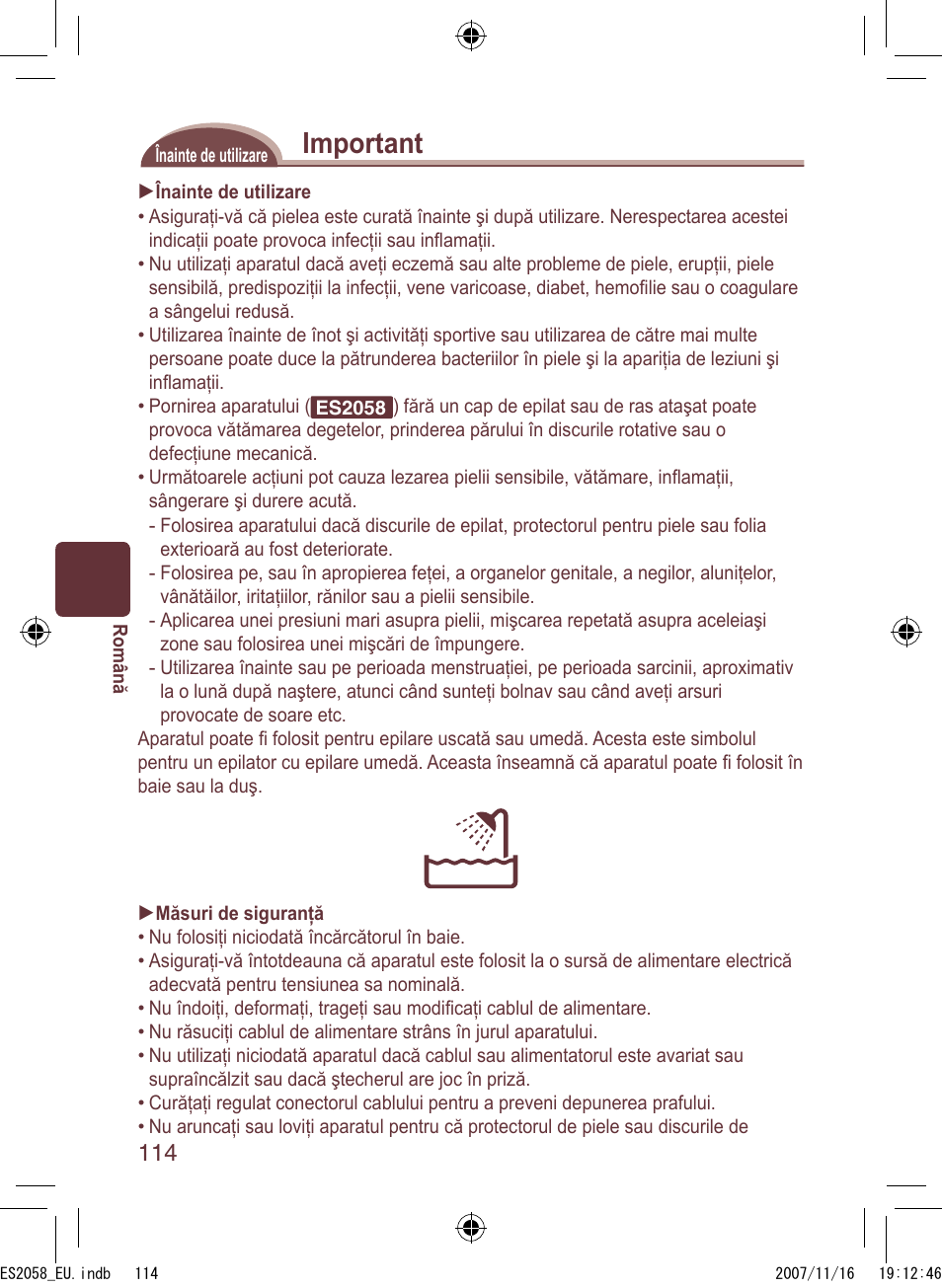 Important | Panasonic ES2056 User Manual | Page 114 / 168