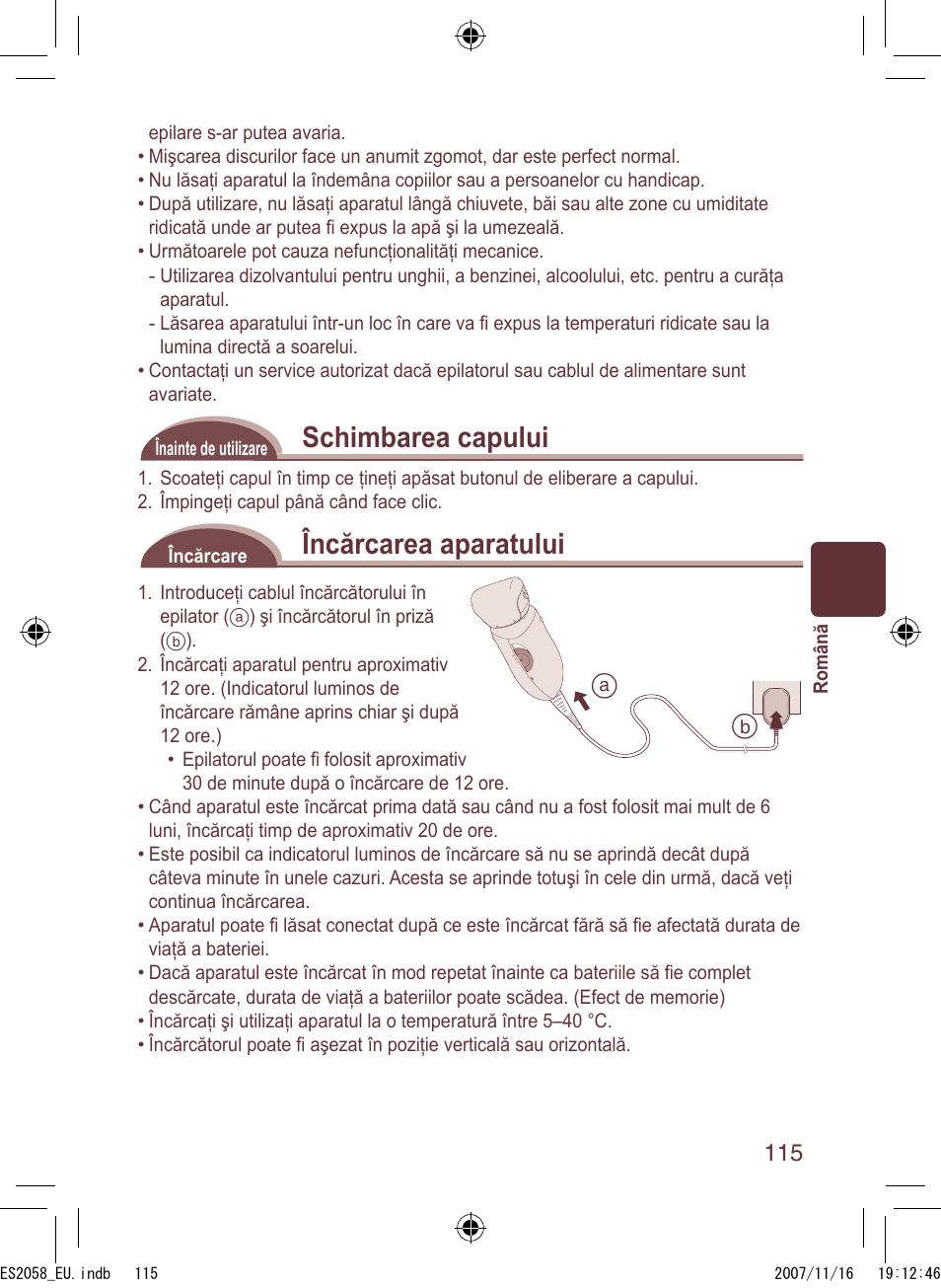 Schimbarea capului, Încărcarea aparatului | Panasonic ES2056 User Manual | Page 115 / 168