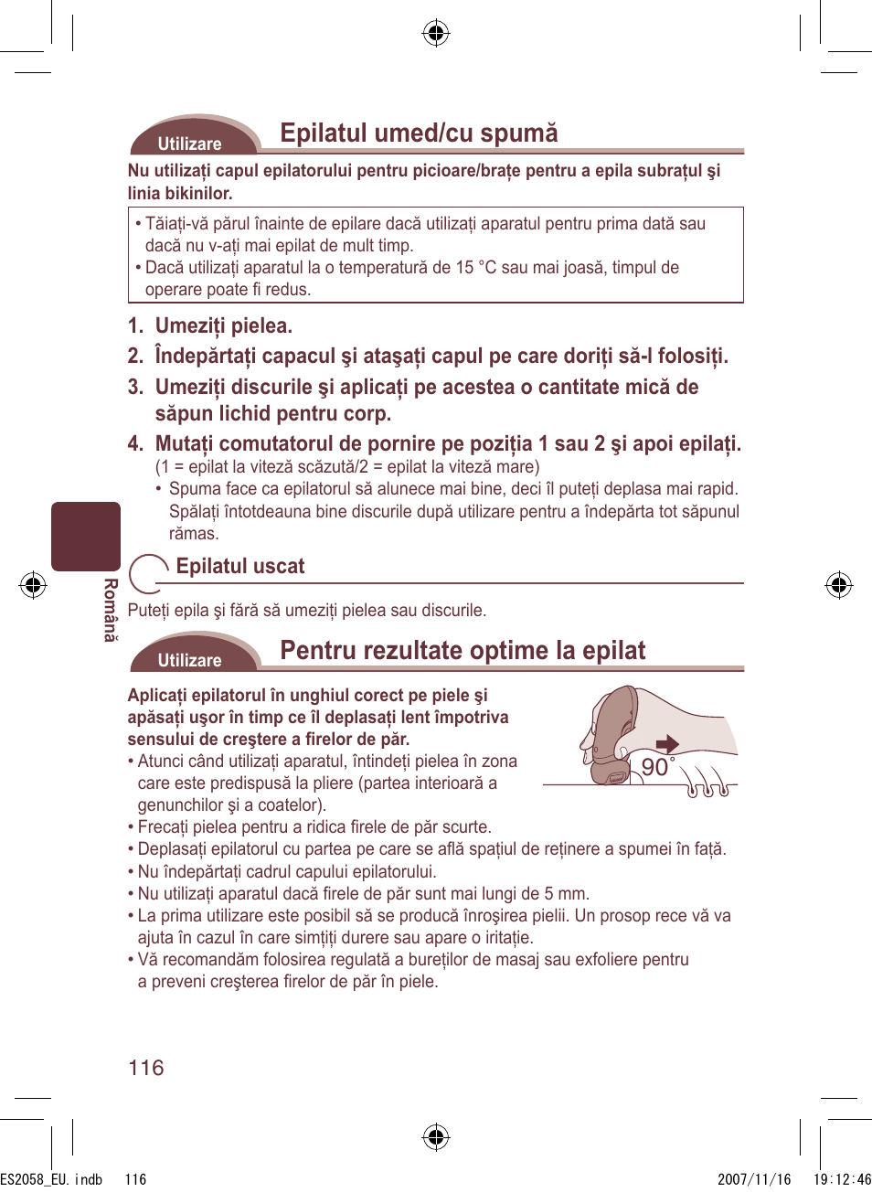 Epilatul umed/cu spumă, Pentru rezultate optime la epilat | Panasonic ES2056 User Manual | Page 116 / 168