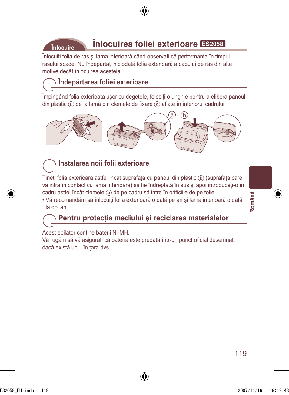 Înlocuirea foliei exterioare | Panasonic ES2056 User Manual | Page 119 / 168