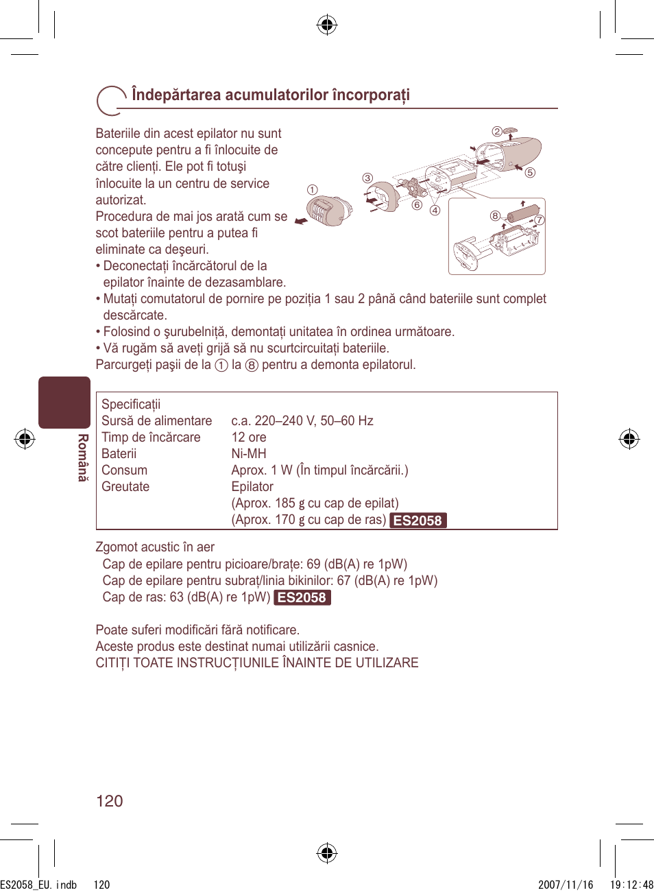 Îndepărtarea acumulatorilor încorporaţi | Panasonic ES2056 User Manual | Page 120 / 168