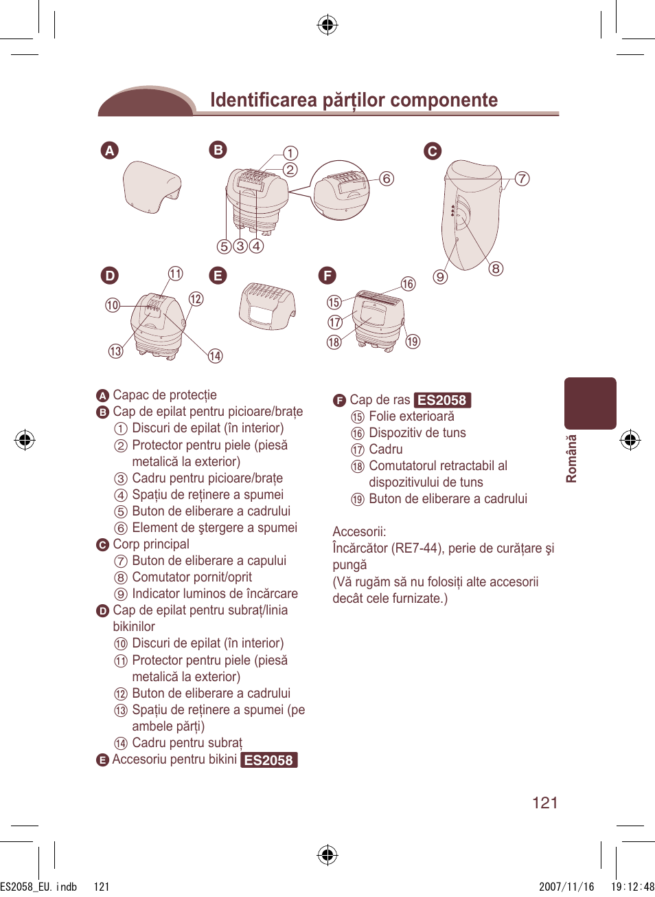 Identiﬁ carea părţilor componente | Panasonic ES2056 User Manual | Page 121 / 168