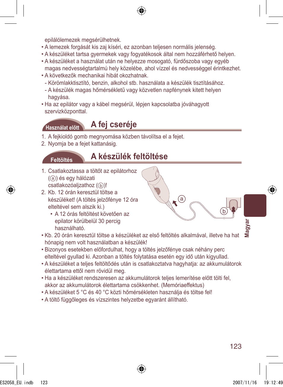 A fej cseréje, A készülék feltöltése | Panasonic ES2056 User Manual | Page 123 / 168