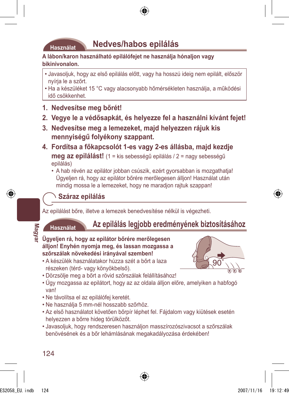 Nedves/habos epilálás, Az epilálás legjobb eredményének biztosításához | Panasonic ES2056 User Manual | Page 124 / 168