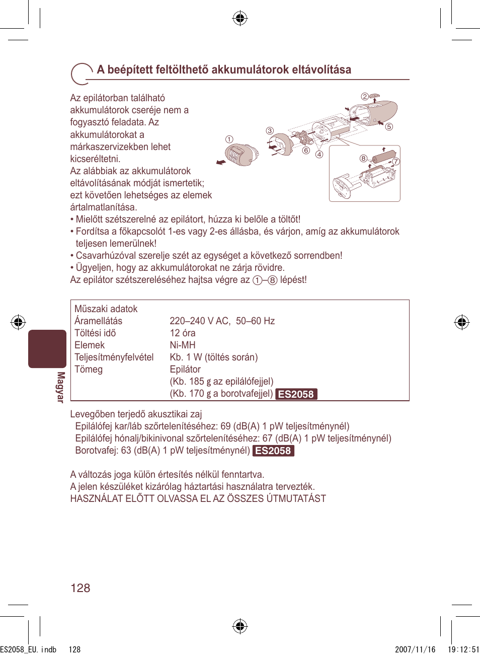 A beépített feltölthető akkumulátorok eltávolítása | Panasonic ES2056 User Manual | Page 128 / 168