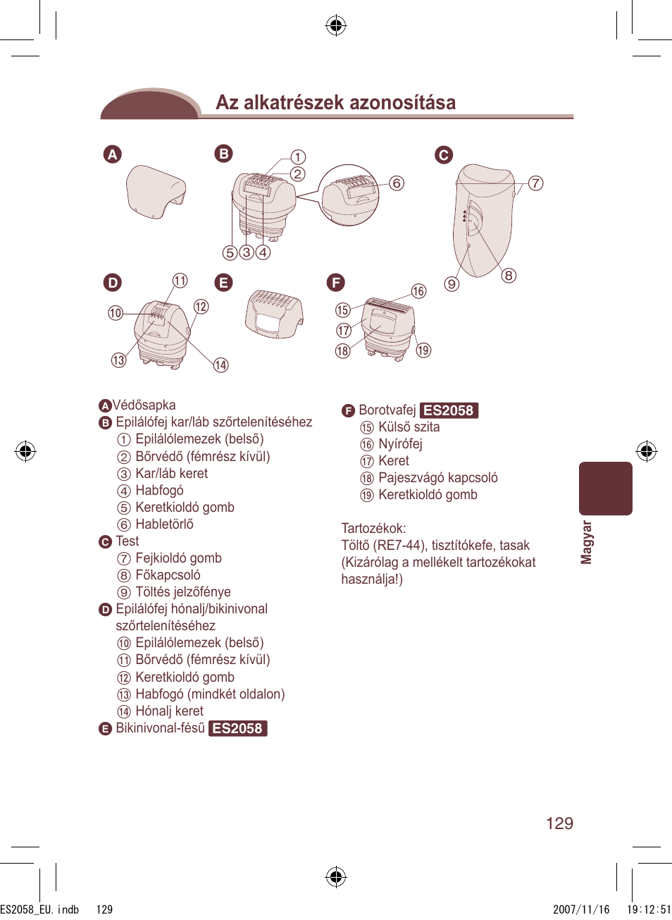 Az alkatrészek azonosítása | Panasonic ES2056 User Manual | Page 129 / 168