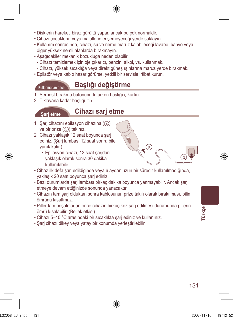 Başlığı değiştirme, Cihazı şarj etme | Panasonic ES2056 User Manual | Page 131 / 168