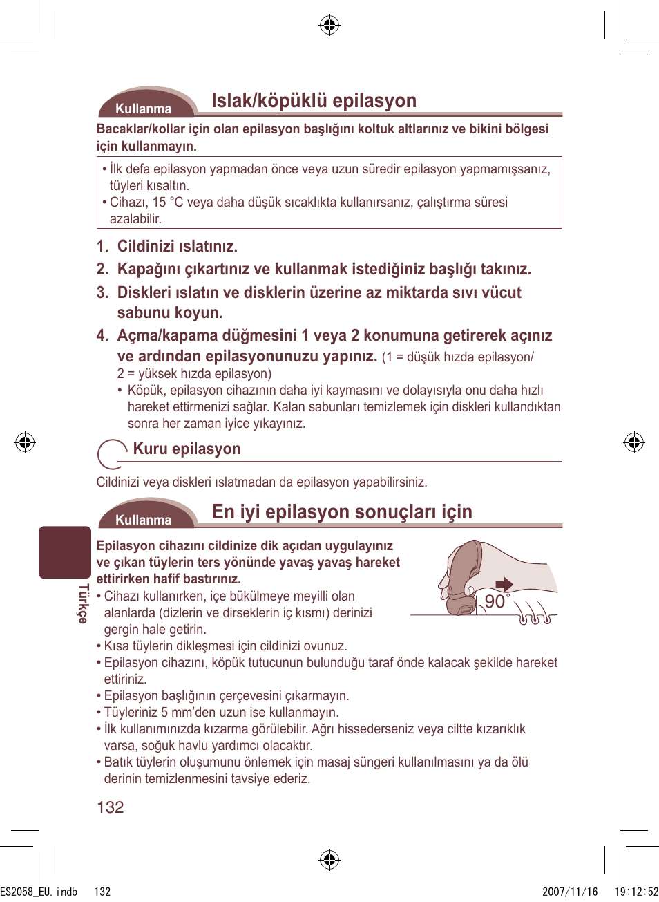 Islak/köpüklü epilasyon, En iyi epilasyon sonuçları için | Panasonic ES2056 User Manual | Page 132 / 168