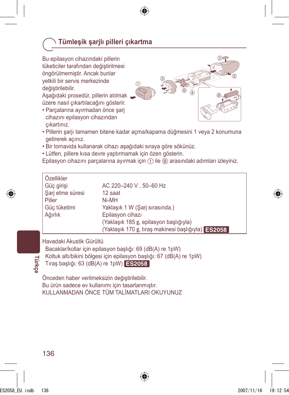 Tümleşik şarjlı pilleri çıkartma | Panasonic ES2056 User Manual | Page 136 / 168