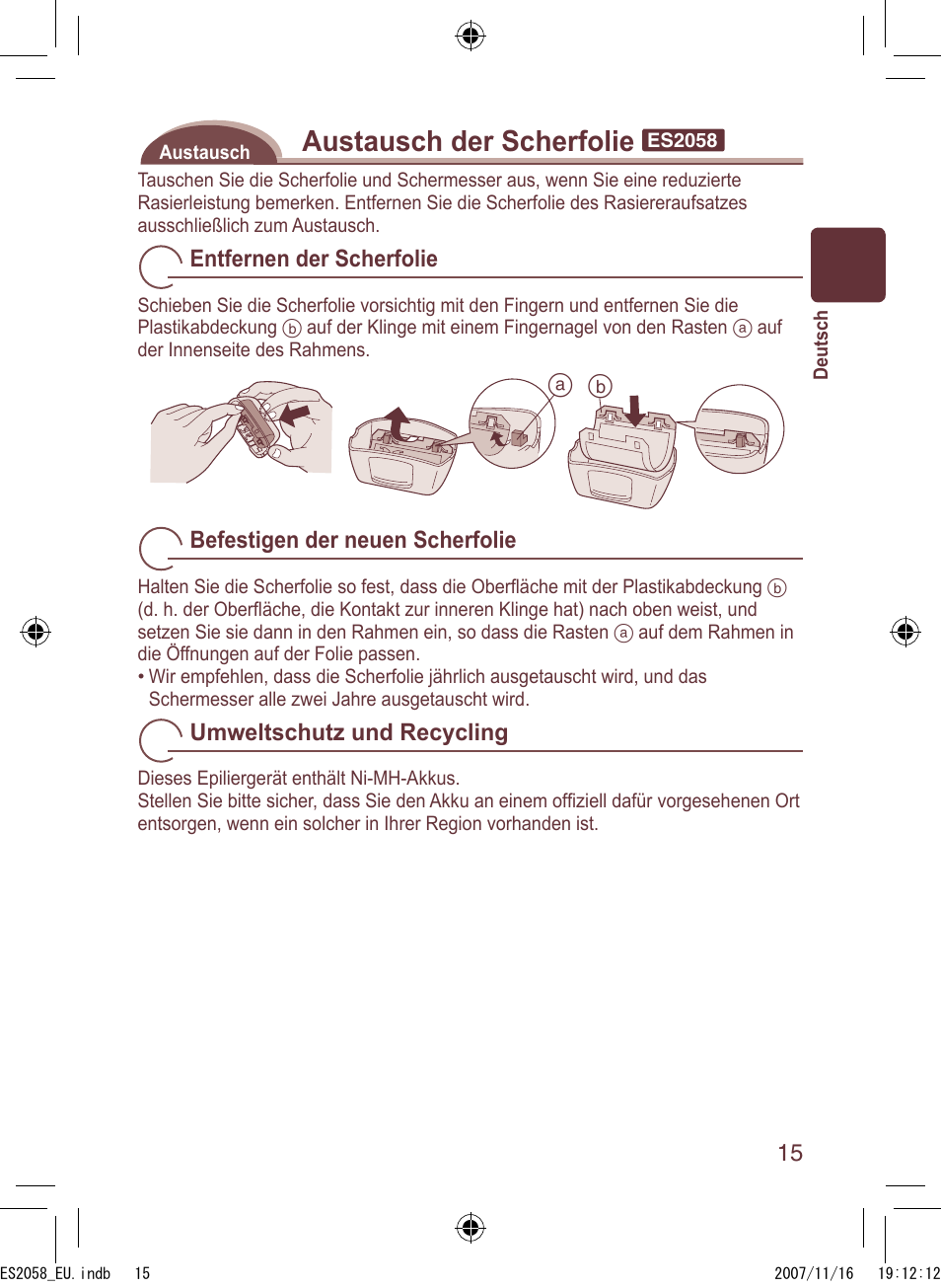 Austausch der scherfolie | Panasonic ES2056 User Manual | Page 15 / 168