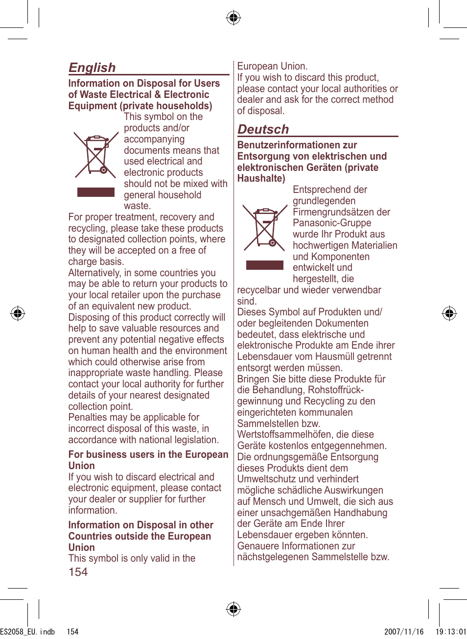 English, Deutsch | Panasonic ES2056 User Manual | Page 154 / 168