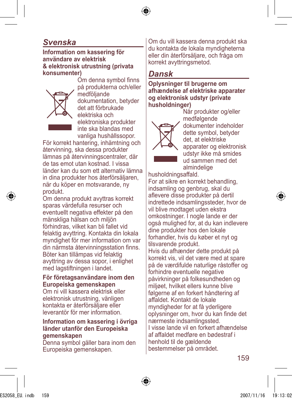 Svenska, Dansk | Panasonic ES2056 User Manual | Page 159 / 168