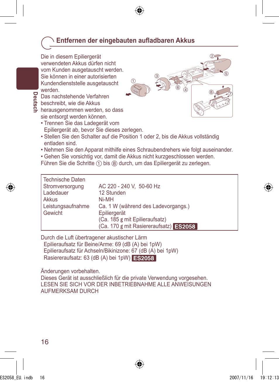 Entfernen der eingebauten auﬂ adbaren akkus | Panasonic ES2056 User Manual | Page 16 / 168