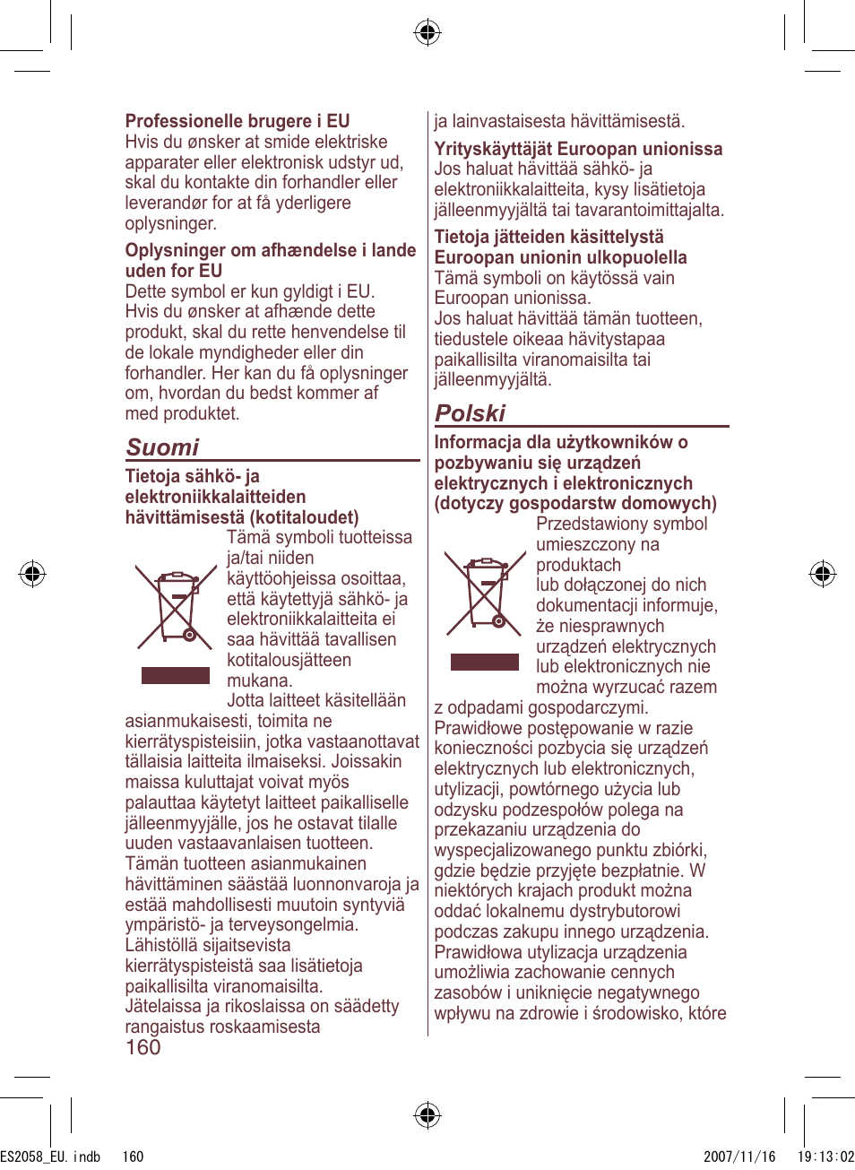 Suomi, Polski | Panasonic ES2056 User Manual | Page 160 / 168