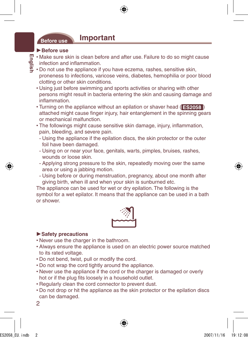 Important | Panasonic ES2056 User Manual | Page 2 / 168