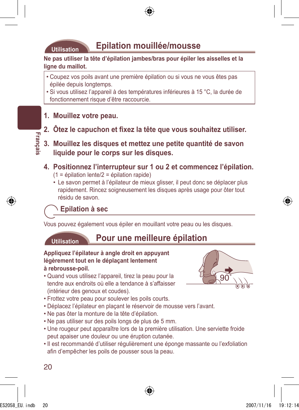 Epilation mouillée/mousse, Pour une meilleure épilation | Panasonic ES2056 User Manual | Page 20 / 168