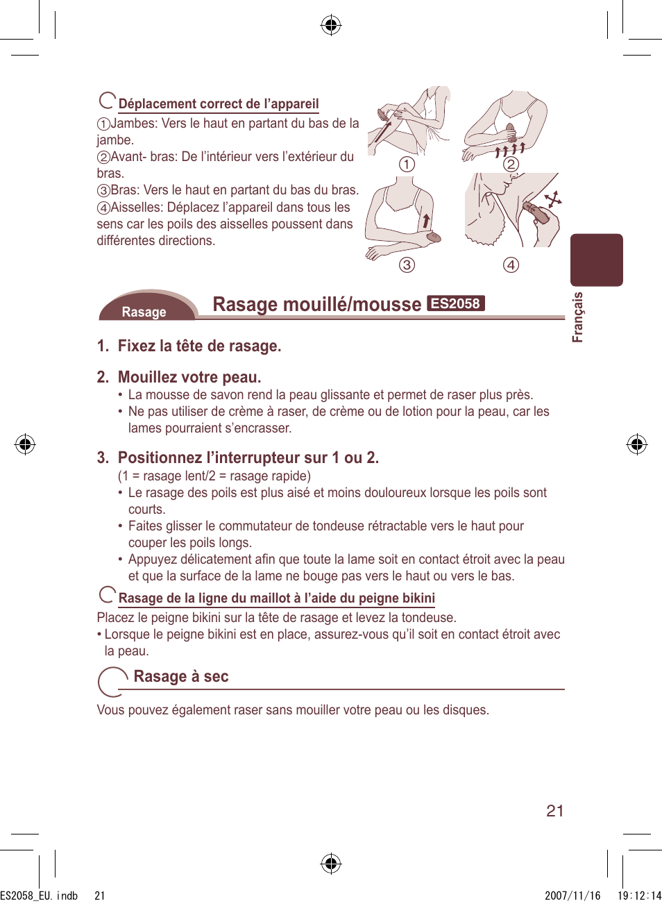 Rasage mouillé/mousse | Panasonic ES2056 User Manual | Page 21 / 168