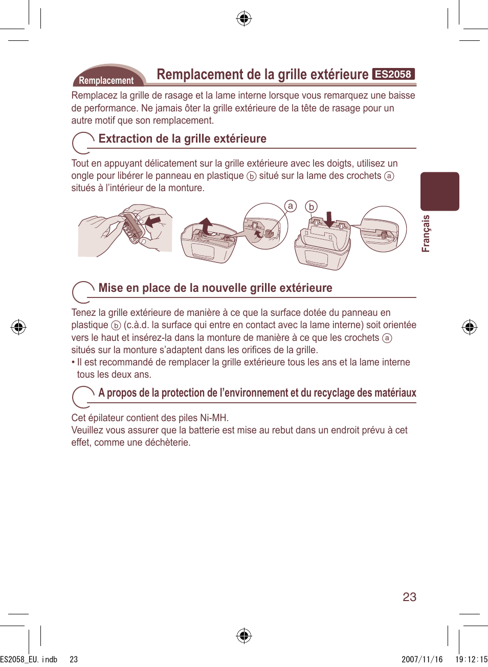 Remplacement de la grille extérieure | Panasonic ES2056 User Manual | Page 23 / 168