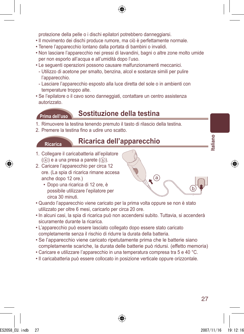 Sostituzione della testina, Ricarica dell’apparecchio | Panasonic ES2056 User Manual | Page 27 / 168