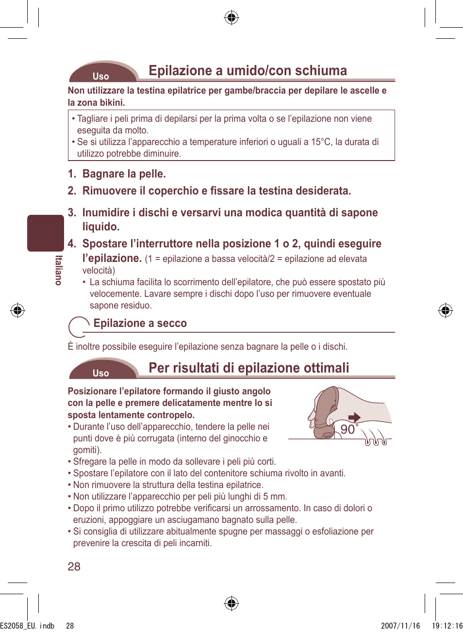 Epilazione a umido/con schiuma, Per risultati di epilazione ottimali | Panasonic ES2056 User Manual | Page 28 / 168