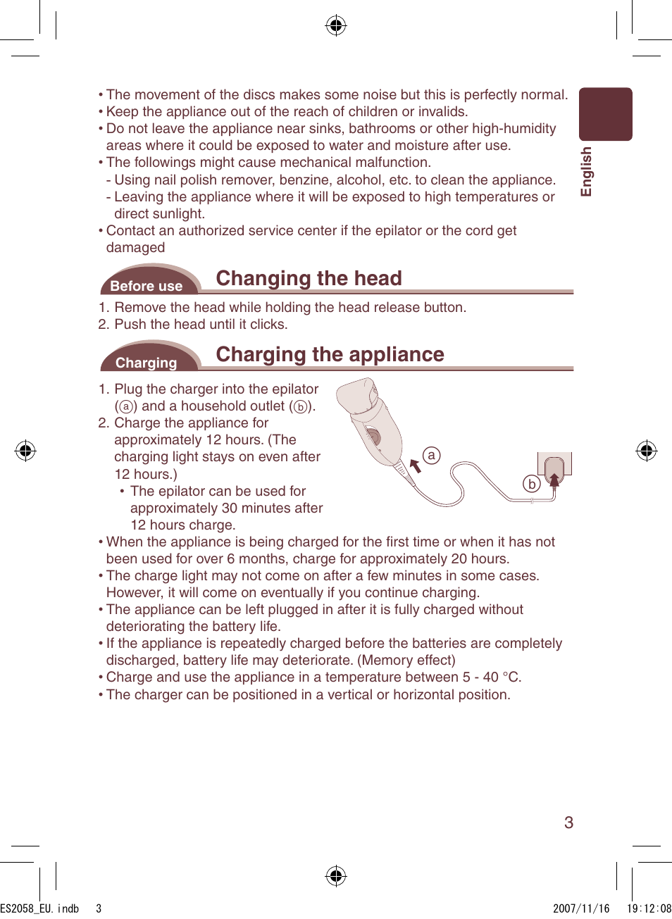 Changing the head, Charging the appliance | Panasonic ES2056 User Manual | Page 3 / 168