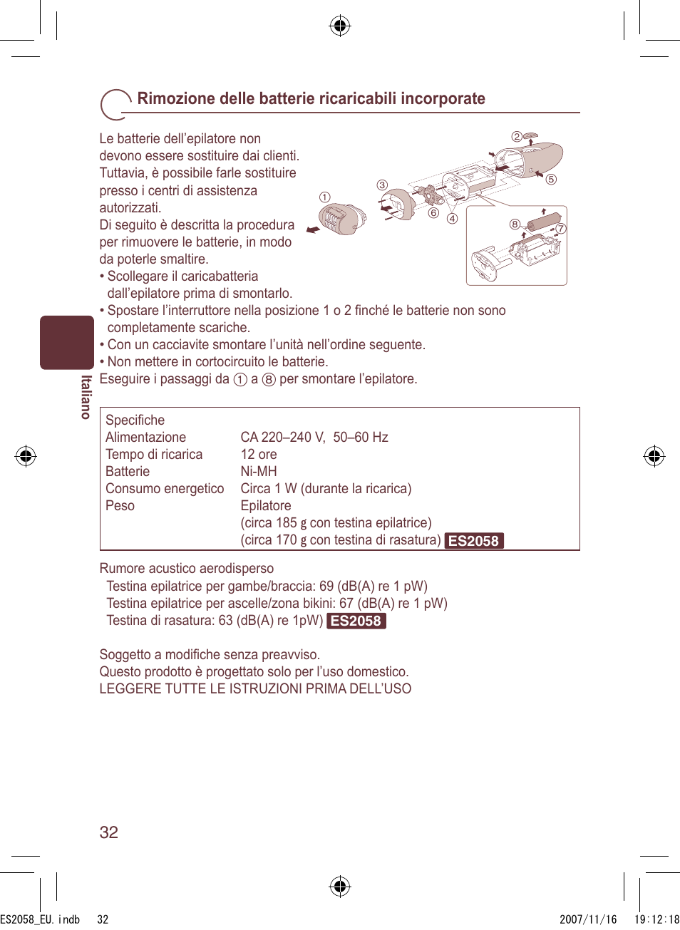 Rimozione delle batterie ricaricabili incorporate | Panasonic ES2056 User Manual | Page 32 / 168