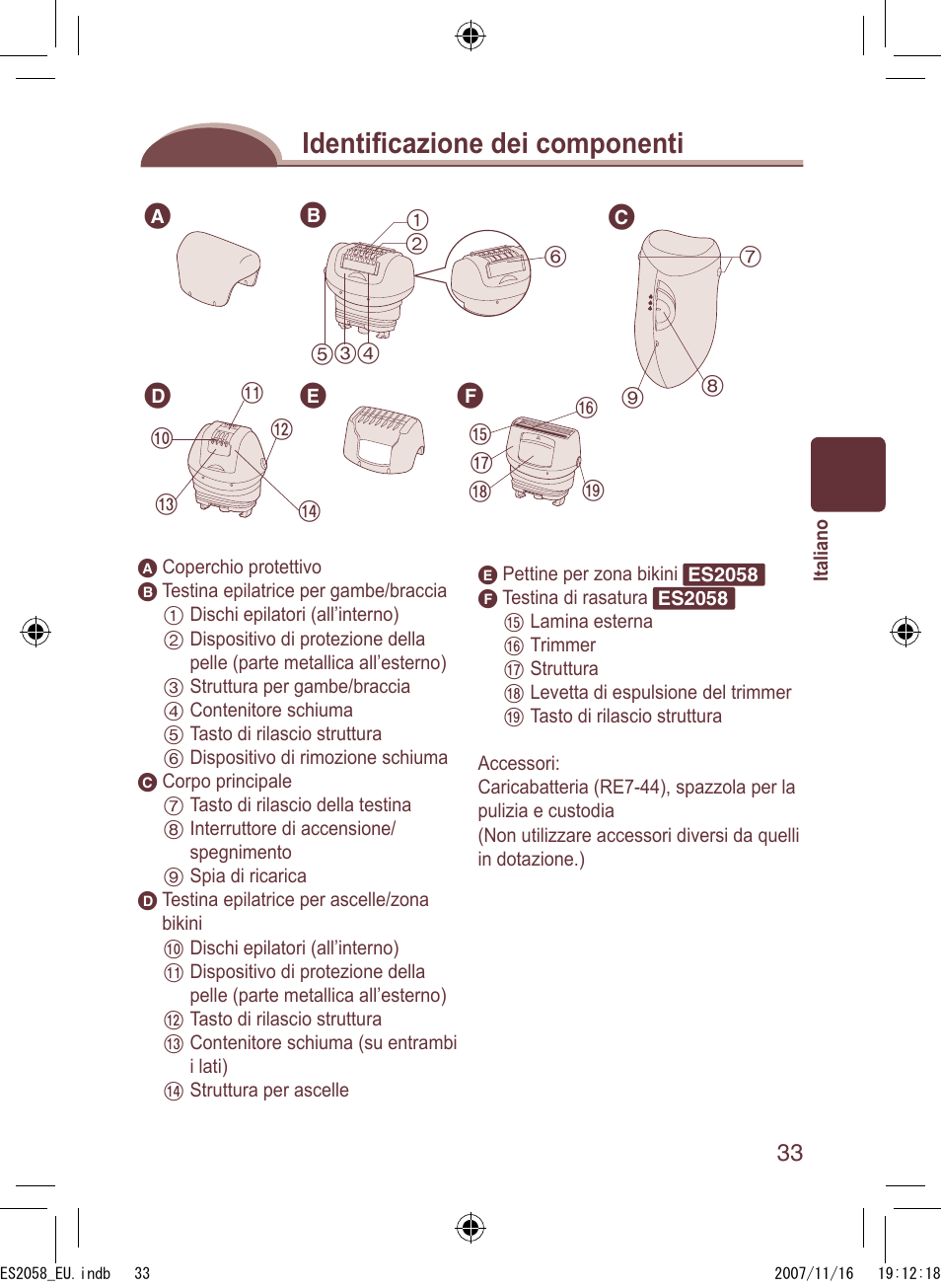 Identiﬁ cazione dei componenti | Panasonic ES2056 User Manual | Page 33 / 168