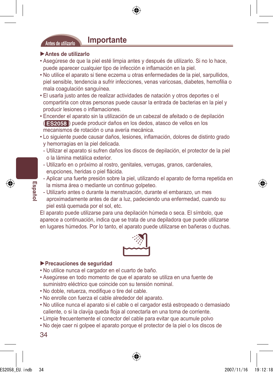 Importante | Panasonic ES2056 User Manual | Page 34 / 168