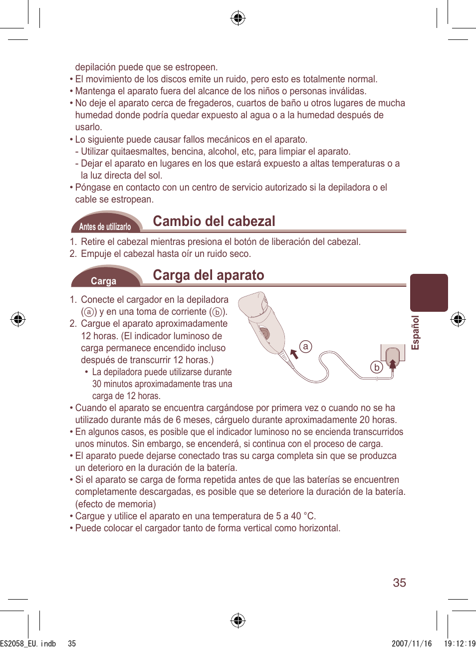 Cambio del cabezal, Carga del aparato | Panasonic ES2056 User Manual | Page 35 / 168