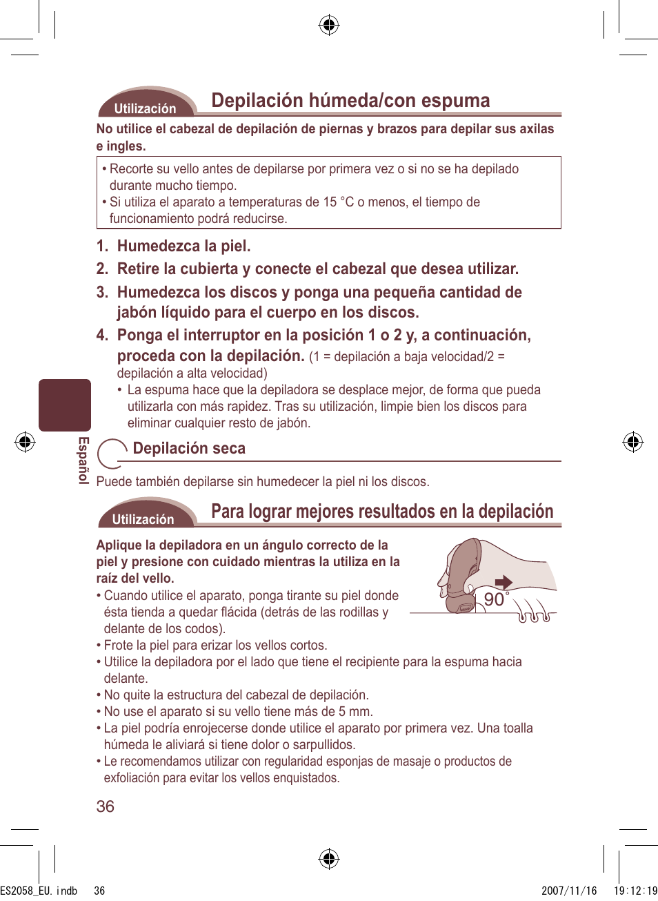 Depilación húmeda/con espuma, Para lograr mejores resultados en la depilación | Panasonic ES2056 User Manual | Page 36 / 168