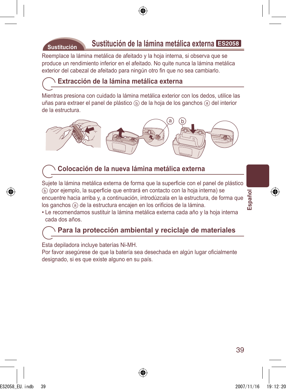 Sustitución de la lámina metálica externa | Panasonic ES2056 User Manual | Page 39 / 168