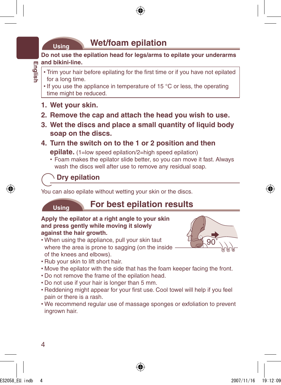 Wet/foam epilation, For best epilation results | Panasonic ES2056 User Manual | Page 4 / 168