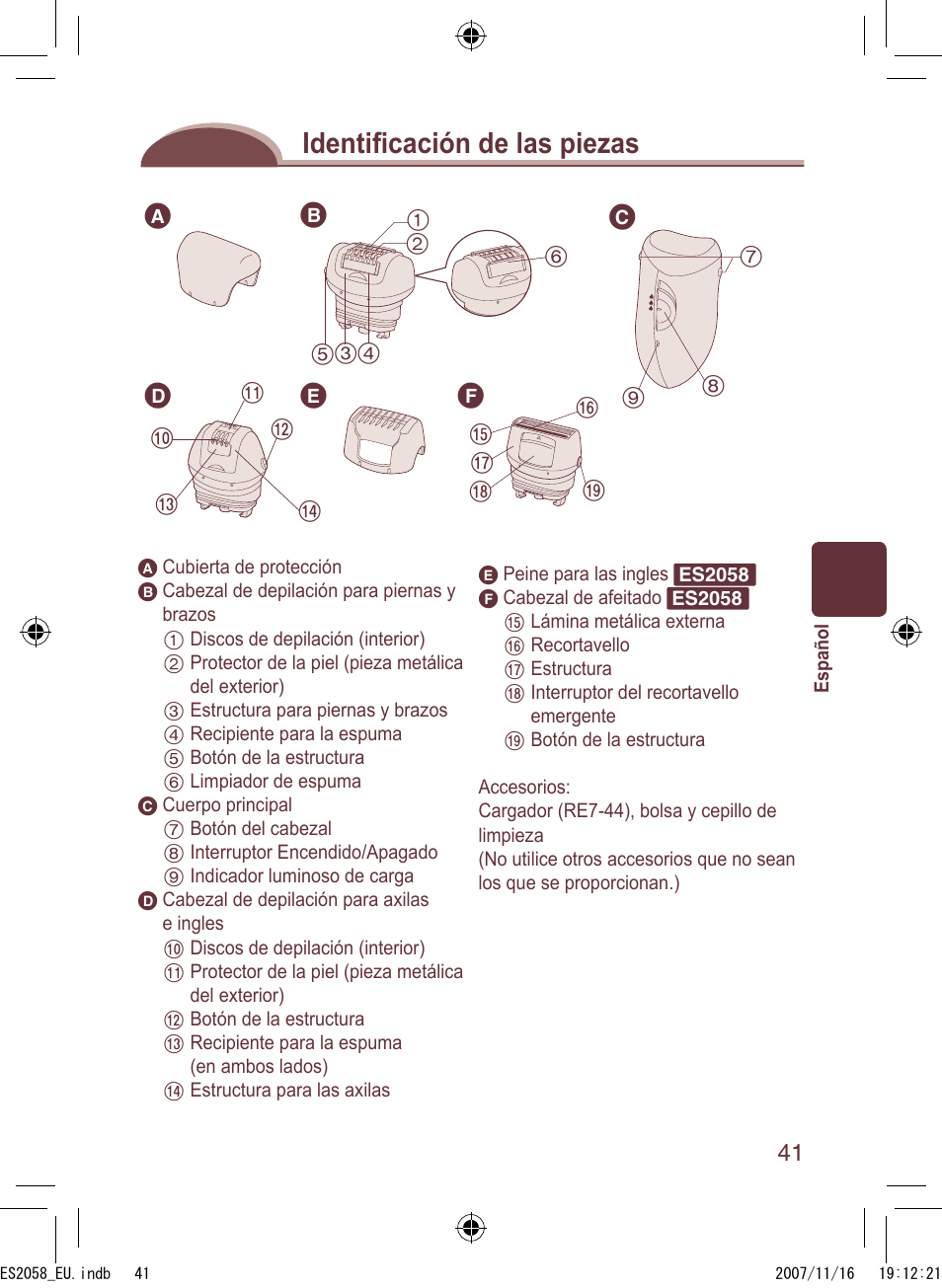 Identiﬁ cación de las piezas | Panasonic ES2056 User Manual | Page 41 / 168