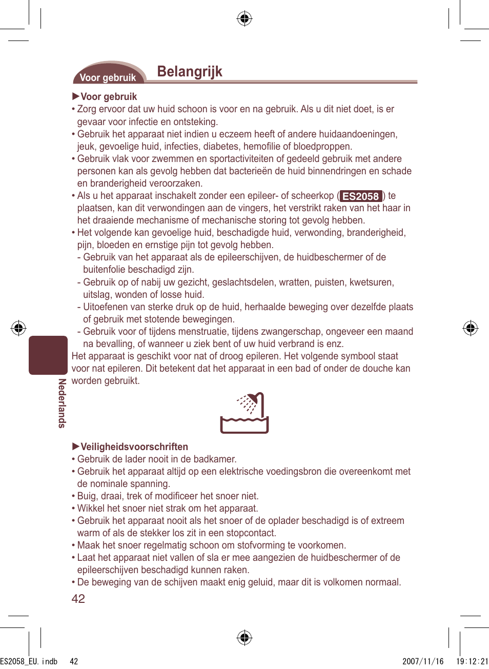 Belangrijk | Panasonic ES2056 User Manual | Page 42 / 168