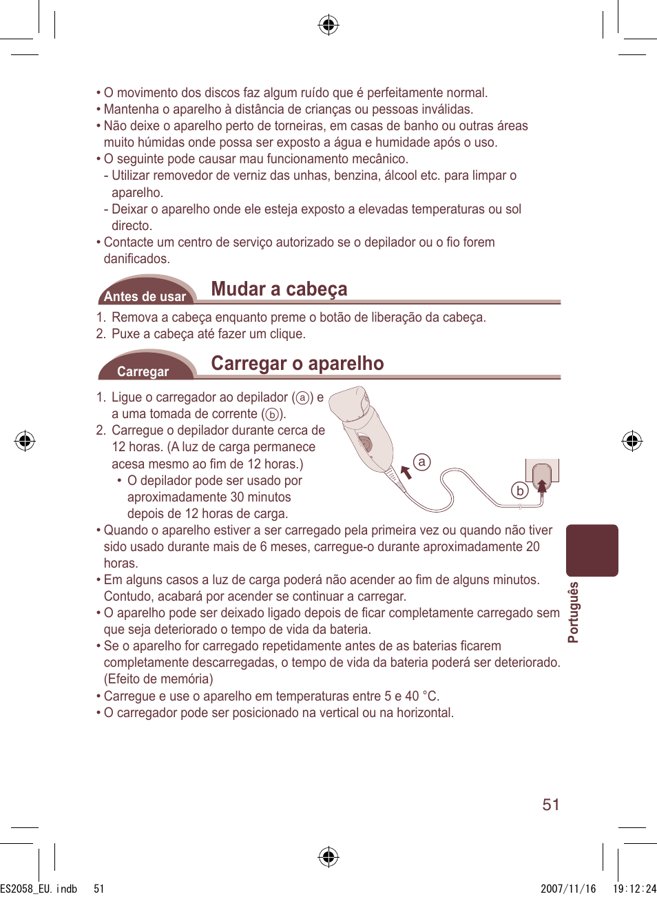 Mudar a cabeça, Carregar o aparelho | Panasonic ES2056 User Manual | Page 51 / 168