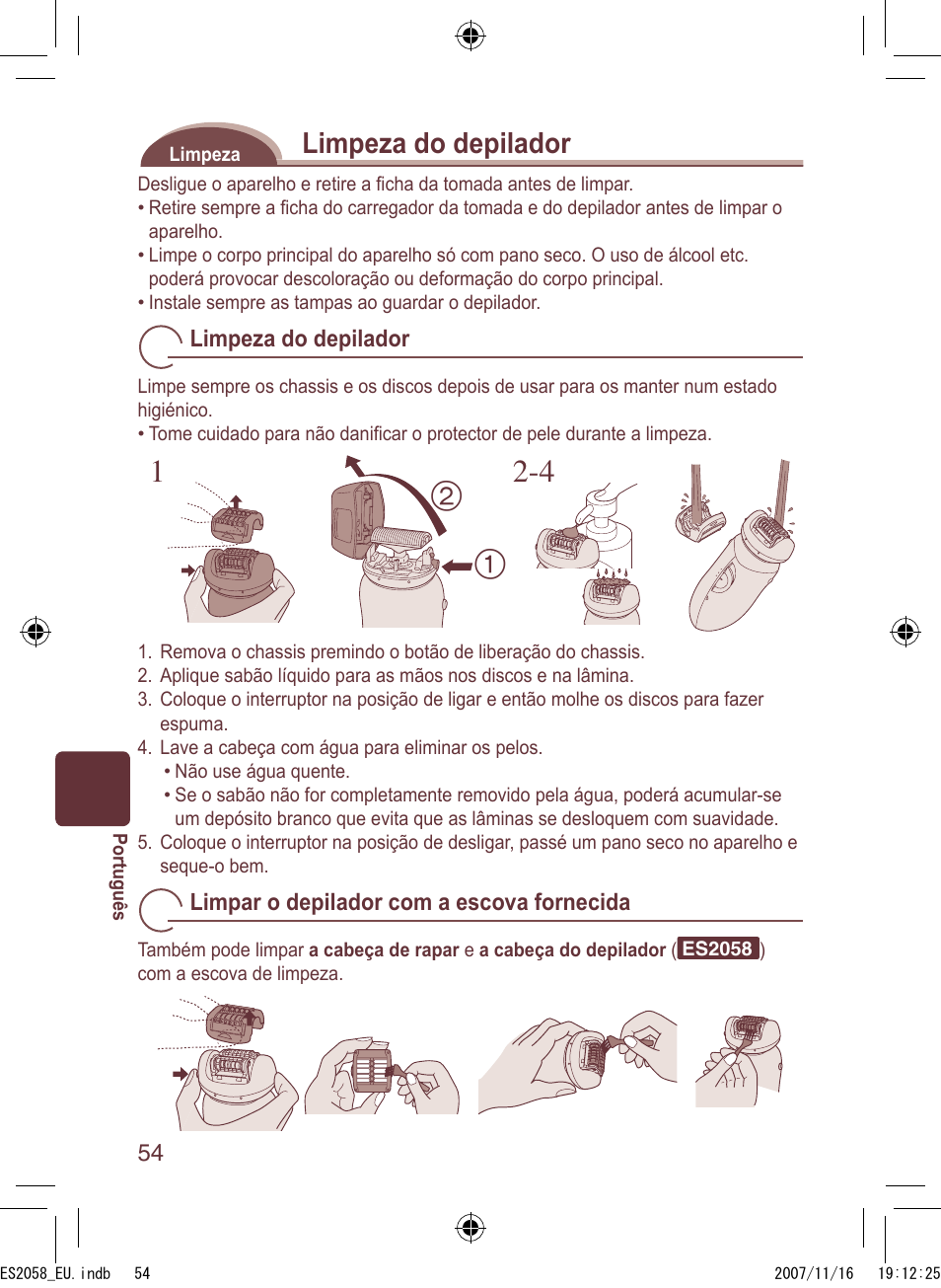 Limpeza do depilador | Panasonic ES2056 User Manual | Page 54 / 168