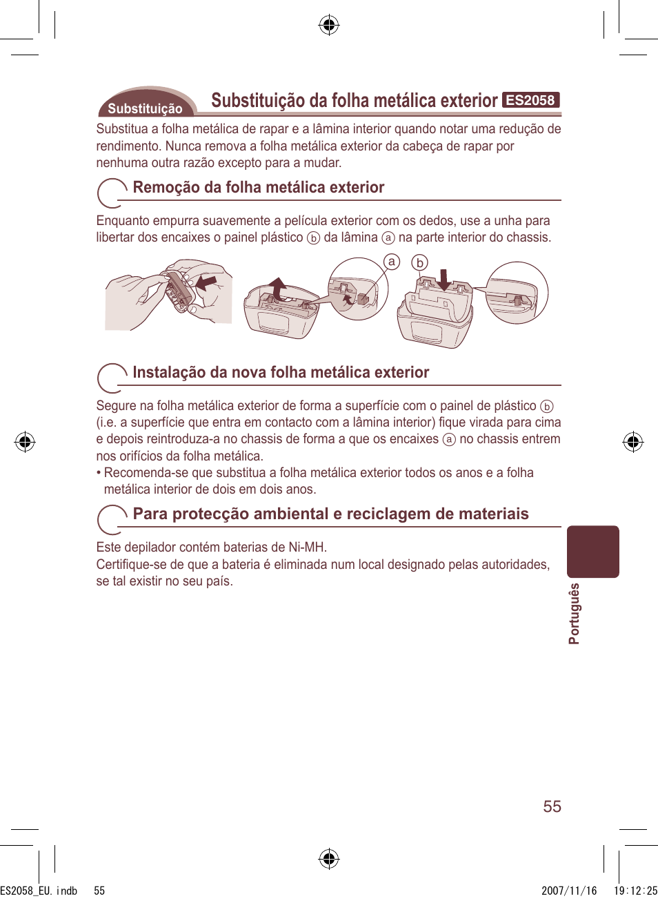 Substituição da folha metálica exterior | Panasonic ES2056 User Manual | Page 55 / 168