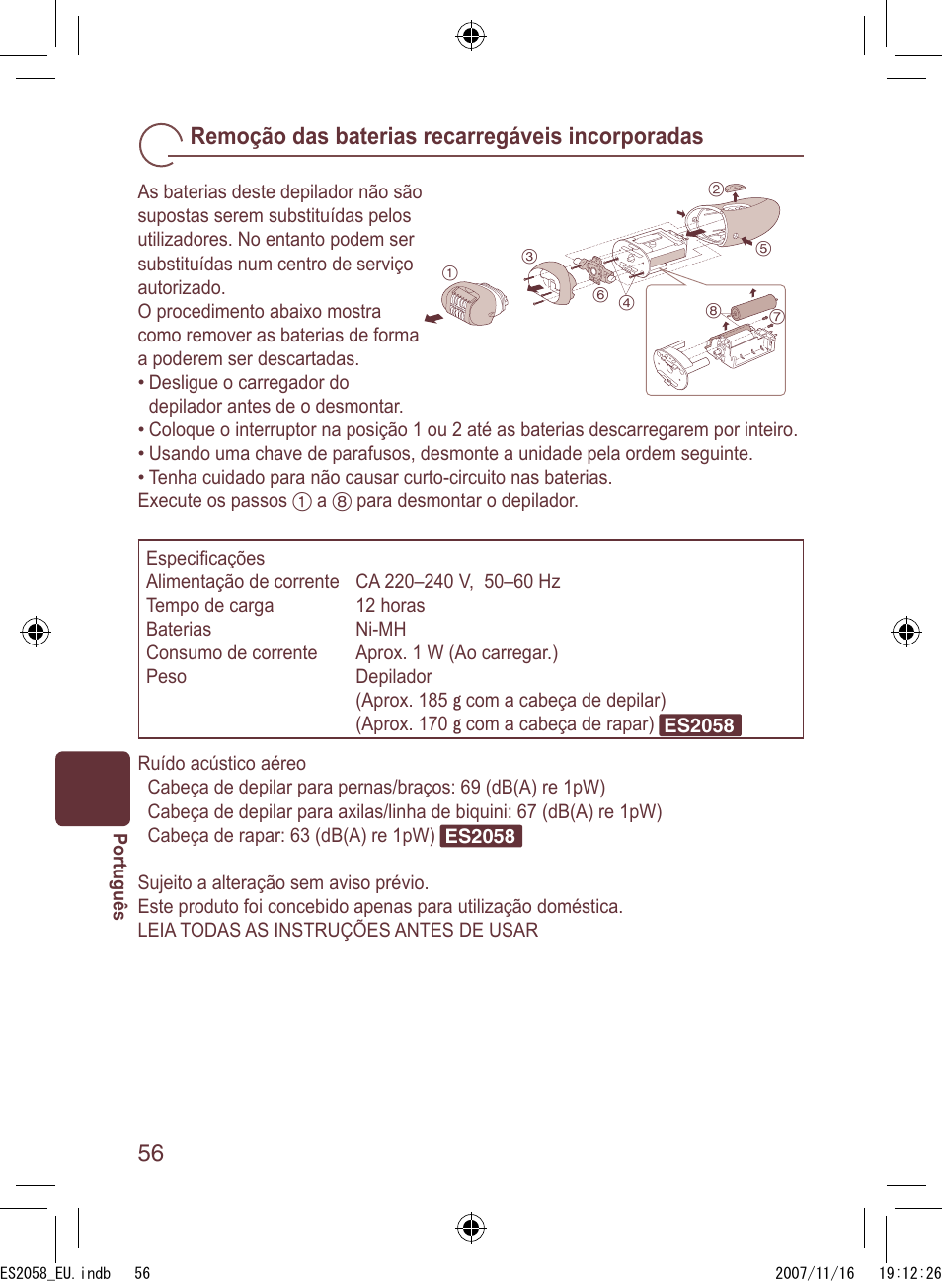 Remoção das baterias recarregáveis incorporadas | Panasonic ES2056 User Manual | Page 56 / 168